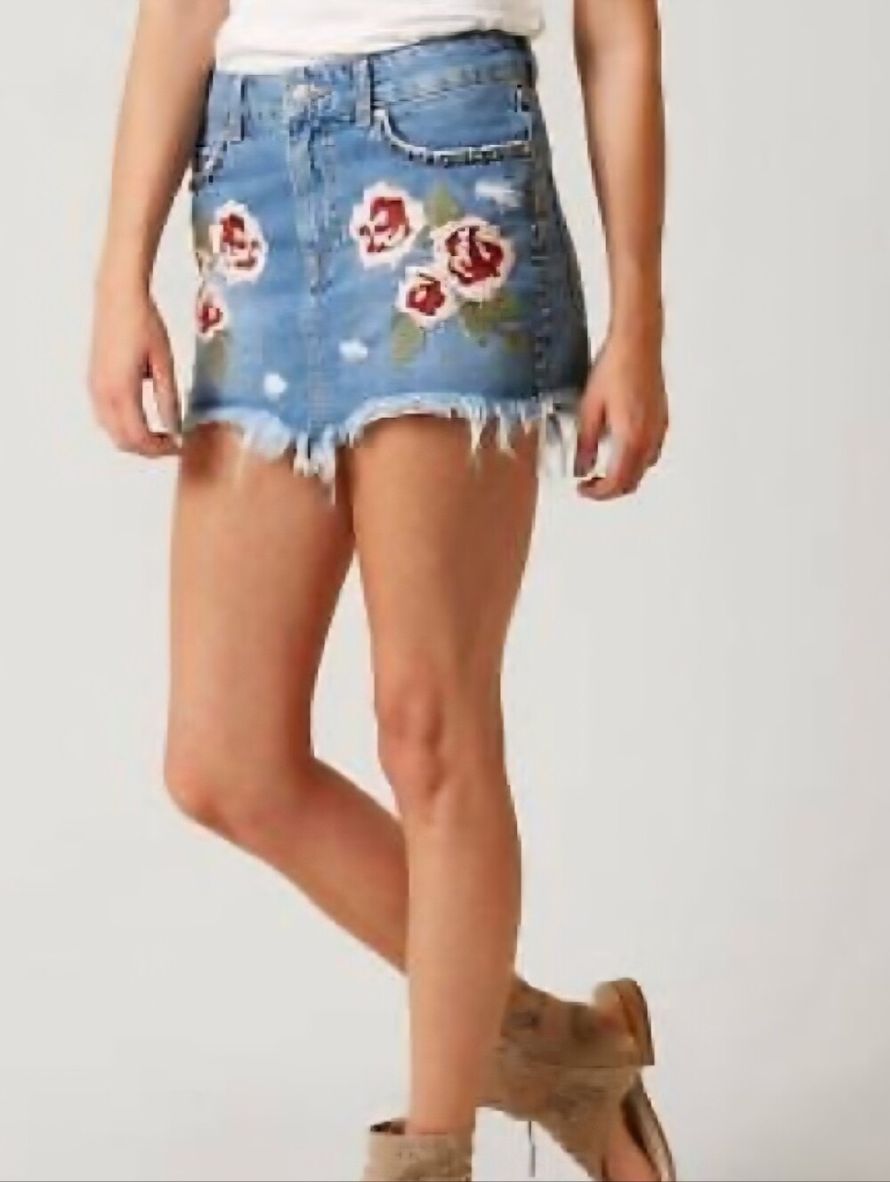 Free People Denim Mini Skirt Wild Rose Embroidered Size 24 Waist Festival EUC - Picture 6 of 13